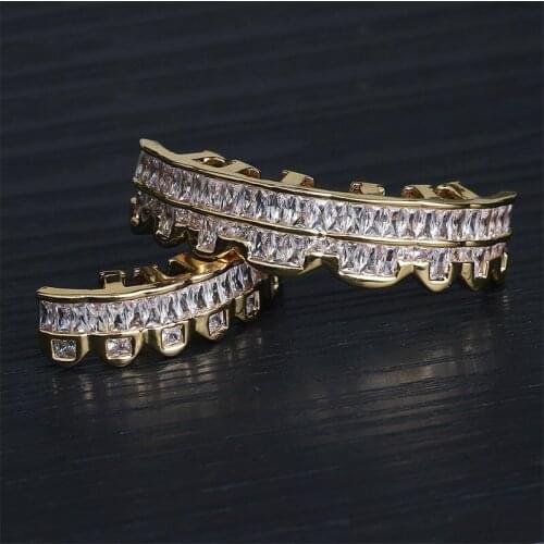 AZ New Iced Out Grillz Teeth Square Zircon Stone Grills Tooth Jewelry For Men Women Rapper Top Bottom Caps Goth Fashion Jewelry