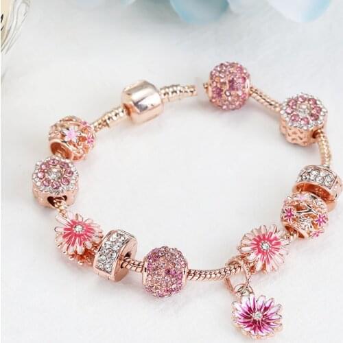 Rose Gold Plated Daisy Series Pendants Pan-style Bracelets Bangles Fit Original Charms Pan Beads For Jewelry Making