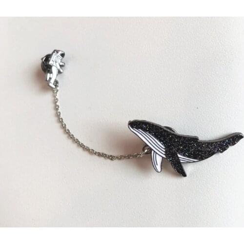 Cartoon Alloy White Black Cat Astronaut and Whales Animal Tassel Pins Brooches Badges for Women Men Fashion Jewelry Accessories