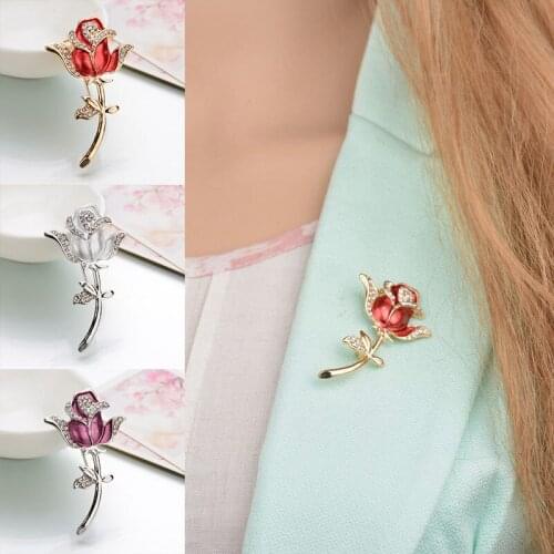 Fashion New Women Rose Brooch Crystal Rhinestone Pins Clip for Sweater Party Gown Ladies Gift A66