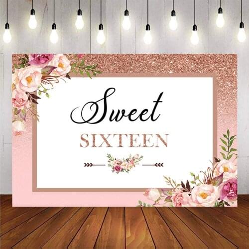 Sweet sixteen rose glitter backdrop for photography flower happy 16th birthday party decoration background for photo studio prop