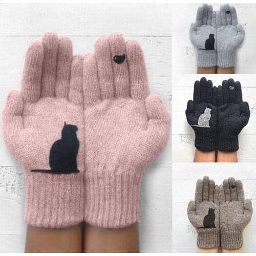 Winter Warm Cold Cashmere Gloves Thick Cartoon Cat Print Wool Knitted Full Finger Gloves Men and Women Gloves