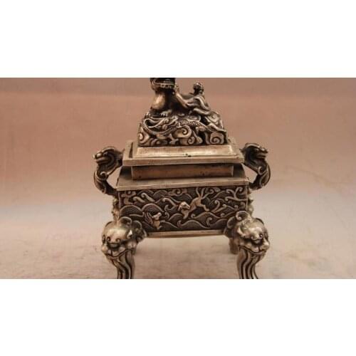 China White Copper Silver Buddhism Dragon Foo Dog Lion Incense Burner Censer