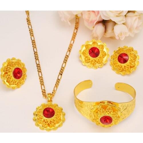 Bangrui Ethiopian Jewelry Sets Pendant Necklaces Earrings Ring Bangle Ethiopia Gold Color Africa Bride Wedding Eritrea Set