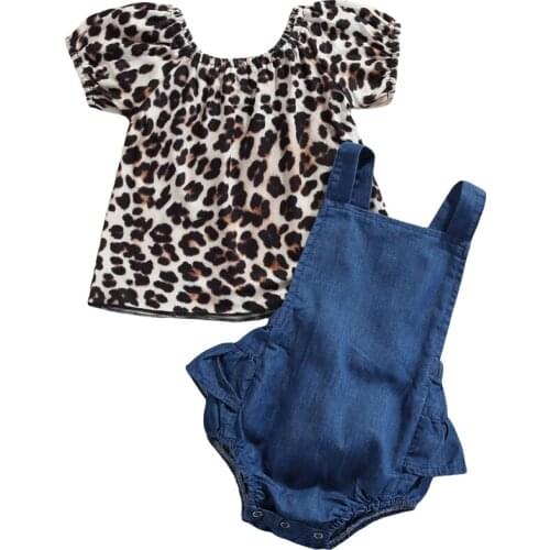 Baby Girls Clothes Set Leopard Print Short Sleeve O-neck T-Shirt Tops + Solid Color Suspender Denim Romper Suits