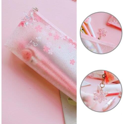 Sweet Pink Practical Frosted Sakura Pencil Pouch Lightweight Stationery Bag Eye-catching for Students