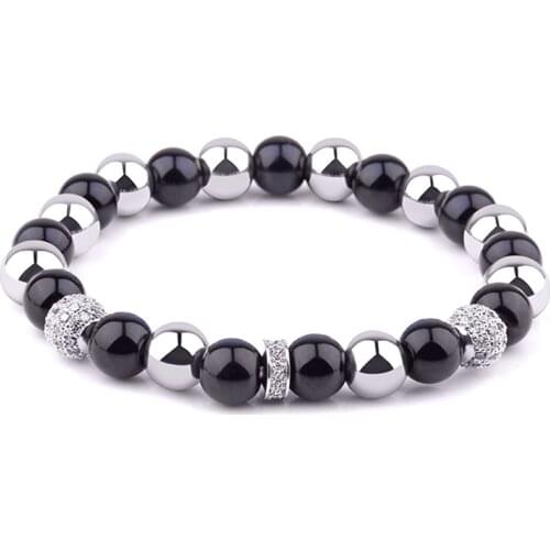 Men Bracelets 8 mm Polished Onyx Beads Bangle Handmade Stretch Jewelry Natural Hematite Stone Bracelets Women CZ Charm Craft