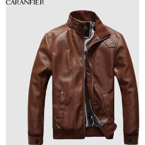 CARANFIER Mens Leather Jackets Solid Stand Collar Casual Coats Motorcycle Korean Hip Hop Outerwear Slim Zipper PU Overcoat