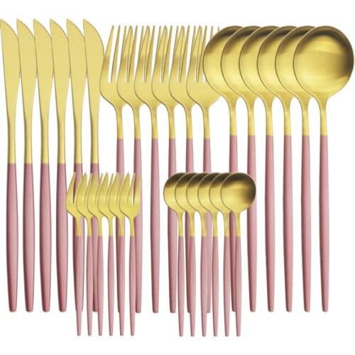 30Pcs/Set Matte Stainless Steel Dinnerware Pink Gold Cutlery Set Knife Cake Fork Spoon Flatware Set Kitchen Silverware Tableware