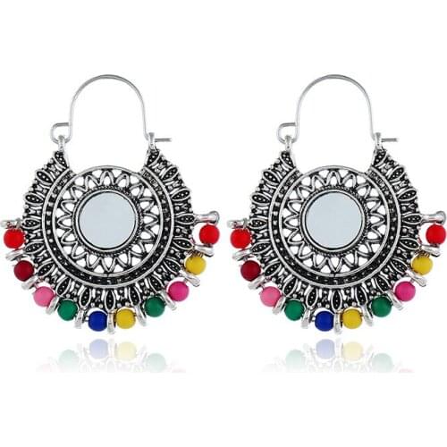 New Vintage Retro Antique Ethnic Brocade Mexico Gypsy Engraved Lotus Hook Dangle Earrings for Women and Girls with a Mirror