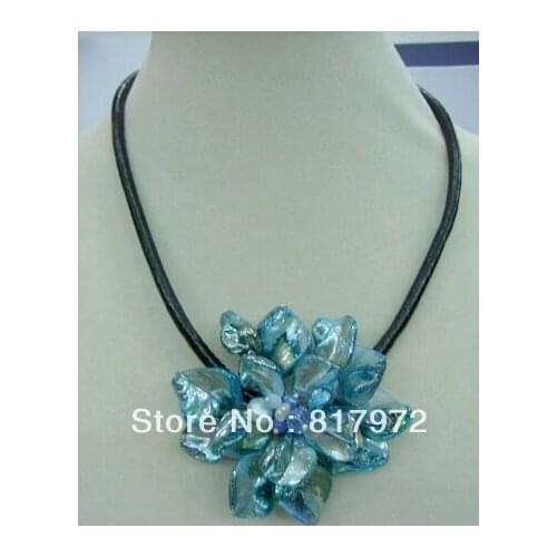 Charm Woman Party Handmade shell slice Knit Blue Beautiful Flower Bib Pendant Chain Necklace Chunky Hide Rope Gift