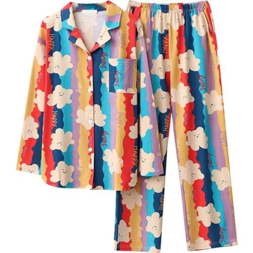 Korea style Cotton loverly Rainbow Print Pyjamas Sets Woman long sleeve Home Wear sleepwear Female Pajamas Suit spring Autumn