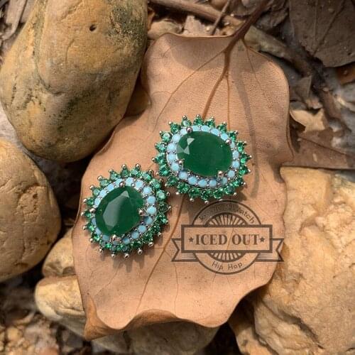 Brazil Style Oval Shaped Push Back Stud Earrings With Emerald And Turquoise Gemstone