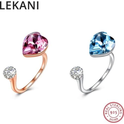 LEKANI Crystals From Swarovski Rose Gold Plated Heart Open Rings Adjustable Real S925 Silver Fine Finger Jewelry For Women Gifts