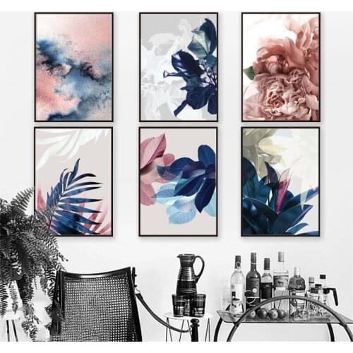 Tropical Plant Leaves Canvas Art Print Wall Painting Pink Flower Blue Abstract Nordic Posters and Prints Decor Pictures for Room