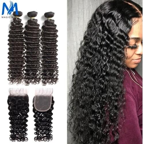 Magic Wave 28 30 40 Inches Deep Wave Bundles With Closure Brazilian Curly 100% Human Hair Water Wave 3 4 Bundles Weave Swiss Lac