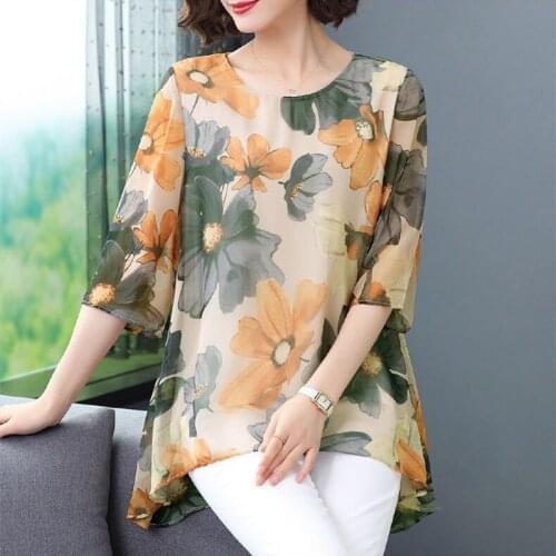 Womens Spring Summer Style Chiffon Blouses Shirt Womens O-Neck Half Sleeve Printed Elegant Loose Tops SP8677