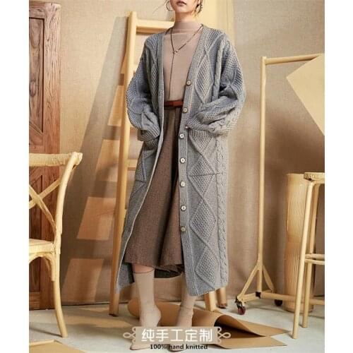 Pure cashmere or wool 100% hand knitted women long cardigans coat customize wholesale retail