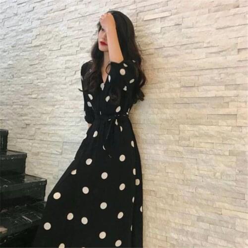 Women Chiffon Dress One Piece Long Dress Lady Vintage Dot Printed New Autumn Shirt Long Sleeve Korean Style vadiming sheining