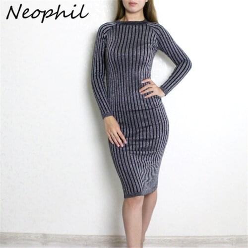 Neophil 2020 Winter Long Sexy Luxury Sequined Shining Elegant Women Dresses Elastic Striped Slim Knitted Sheath Midi Dress D2912