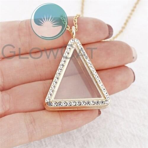 Gold Color Rhinestone Triangle Floating Locket Charms Necklace Openable Magnetic Glass Locket Pendant Necklace