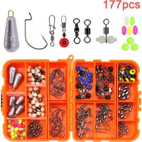 177pcs Texas Fishing Kit Including Crank Hook Fishing Beads Sinker Weights Snaps Rolling Swivel Sea Fishing Tackle Box