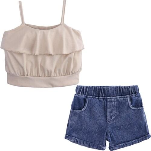 9M-7Y Summer Kids Baby Girl Clothing Fashion New Solid Color Sleeveless Crop Top Vest+Denim Shorts Outfits Set 2pcs