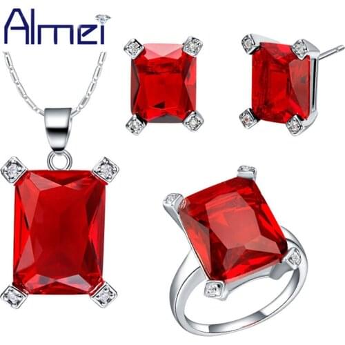 Almei 40% Off Wedding Jewelry Set New Jewellery Silver Earrings And Necklaces Red Fashion for Women Ornamentation Casamento T473