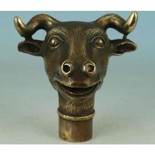 Asian Chinese Old Bronze Hand Carved Ox Statue Walking Stick Head Decorative Art