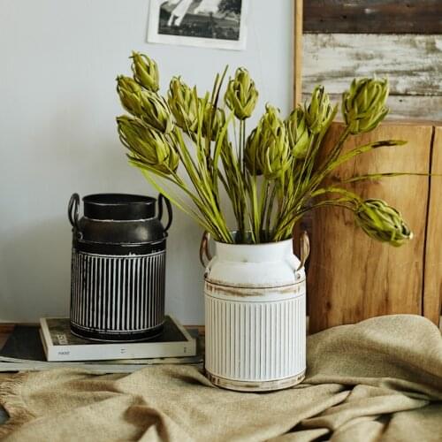 White Black Iron Vase Nordic Home Decor Retro Flower Bucket Stripe Flower Pot Plant Floral Basket Decoration Metal Floor Vase