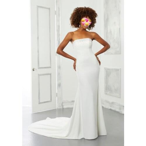 2020 White Wedding Dress Strapless Satin Pearl Long Maxi Dress Bridal A Line Wedding Gowns Low Back Zipper Buttons