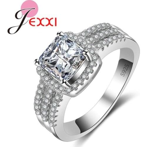 Tree Lines Cubic Zirconia Rings For Women Wedding Engagement Jewelry Square Crystal 925 Sterling Silver Ring For Brides