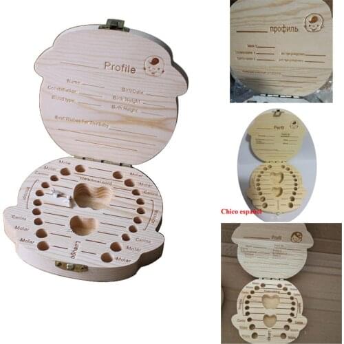 Baby Wooden Tooth Box Spanish English French Russia Dutch Organizer Milk Teeth Storage Collect Teeth Umbilica Save Gifts