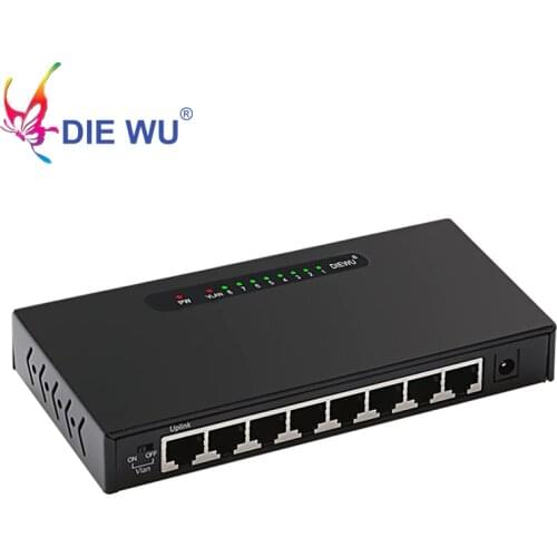 DIEWU 8 Ports Fast Ethernet Switch 10/100Mbps RJ45 Hub Ethernet Network Switch VLAN switch adapter for desktop metal case