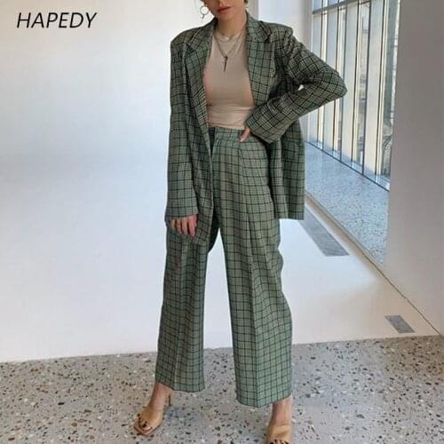 HAPEDY Elegant plaid two-pieces women blazer suit Casual streetwear suits female blazer set Chic office ladies women coat suit