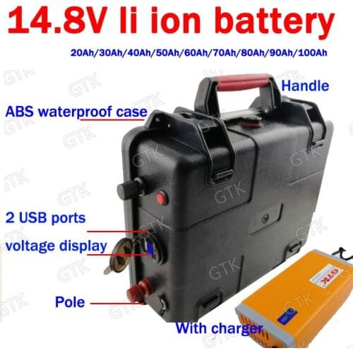 GTK 15V 14.8V 100Ah 80Ah 90Ah 70Ah 60Ah 50Ah 30Ah li ion battery no 12v 80Ah 100Ah for fish boat golf trolly lamp light +charger