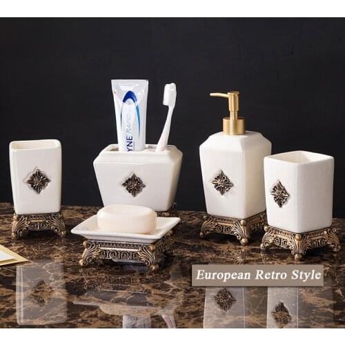 Vintage Style Bathroom Cleaning Supplies Set Hand Sanitizer Bottle Gargle Cup Toothbrush Holder Soap Box Bathroom Accessories