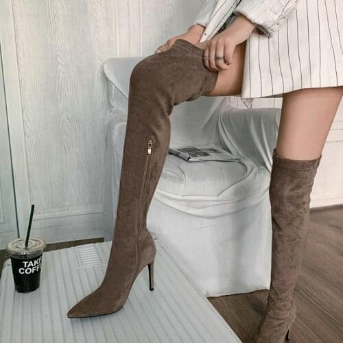 Winter fall faux suede stretch boots over-the-knee socks booties sexy woman thin high heels thigh high boots overknees size 46