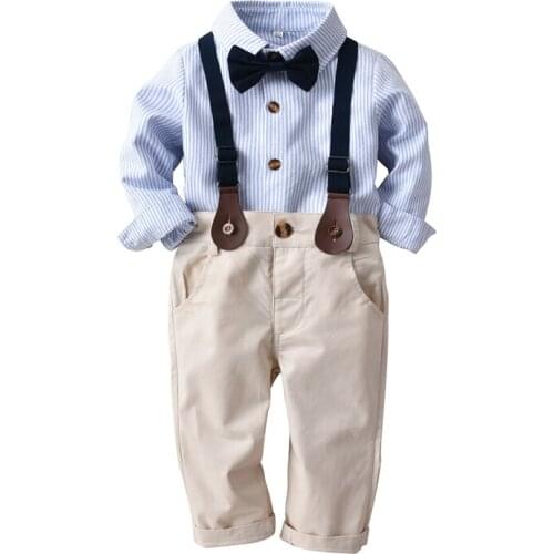1-6 Years Boy Suit Set Party Children Clothes Sky Blue Striped Shirt + Tie + Pants + Belt 4 Pcs Baby Cotton Long-Sleeves Costume