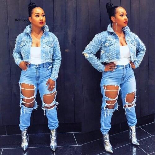 Sexy Rivet Denim Jackets Women Hole Boyfriend Style Long Sleeve Vintage Jean Jacket Autumn High Street Short Denim Coat