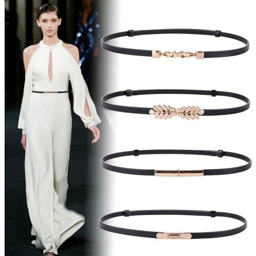 Women Belts Genuine Leather Skinny Adjust Thin waistbands Candy Color Cowhide Waist strap alloy leaf buckle Waistbands For Dress