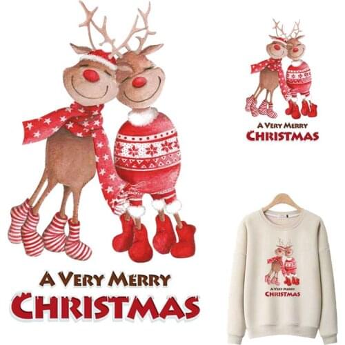 Christmas Deer Patches For Clothing DIY Washable Kid T-Shirts Heat Transfers Thermal Stickers Merry Christmas Iron-On Appliqued