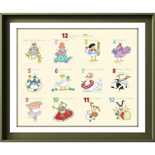 12 days of Christmas cross stitch kits cartoon pattern design 18ct 14ct 11ct light yellow canvas embroidery DIY needlework