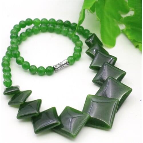 Neo-Gothic Natural Green Jades Diagonal Square Pendant Necklace Beads Jewelry Rope Chain Womens Yoga Jewelry 18inch Y1078