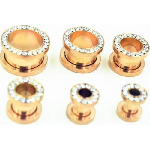 60pcs Screw on Rose Gold Plated Ear plugs Double Flare Ear Tunnels with CZ Gems Body piercing Jewelry Free Ship