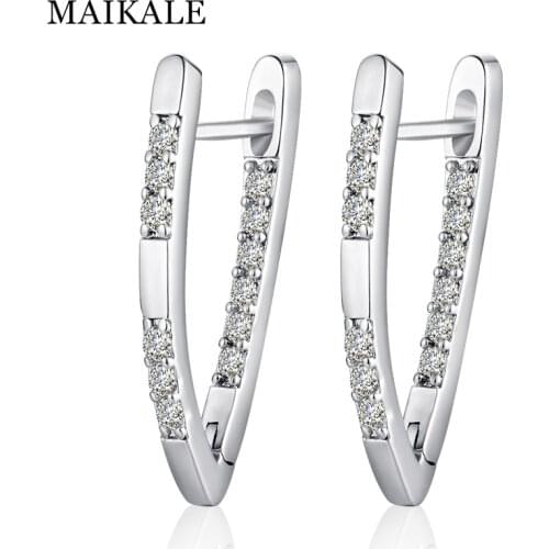 MAIKALE Simple Copper V Shape Stud Earrings AAA Cubic Zirconia Gold Silver Color Plated Long Korean Earrings For Women Send Gift