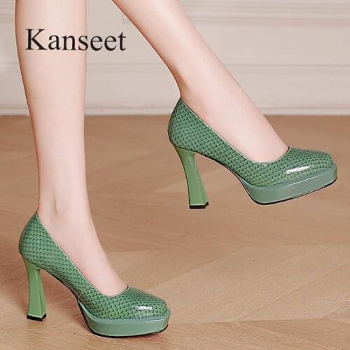 Kanseet Woman Pumps 2021 Autumn New Platform Genuine Leather High Heels Square Toe Red Wedding Party Dress Shallow Women Shoes