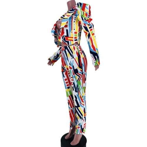 Womens suit Clothing With Free Shipping Pants Trouser Outfit Sets Urban Two Piece Printed Leggings Top Female Puff Sleeve 8075