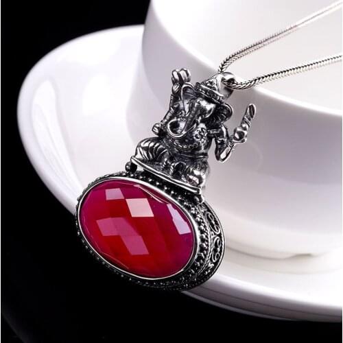 Genuine 925 Sterling Silver color Ganesha Pendant With Ruby Stone For Women Vintage Ethnic Spiritual Hindu Jewelry Birthday Gift