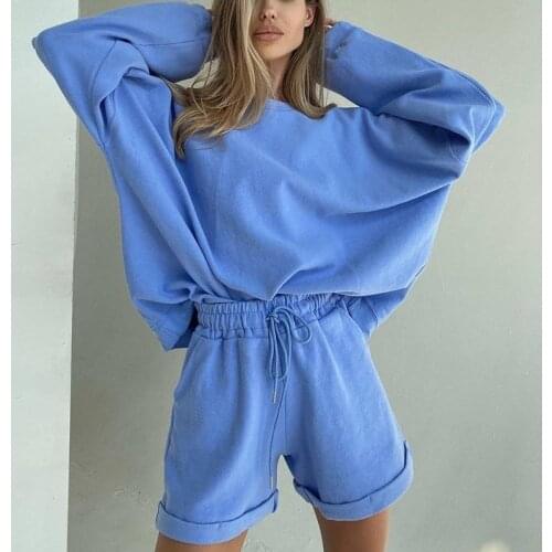 Women Long Sleeve Tracksuits two Piece Set Autumn Sweatshirt and Shorts Suits Casual Loose Two Piece Outfit Solid Streetwear Set